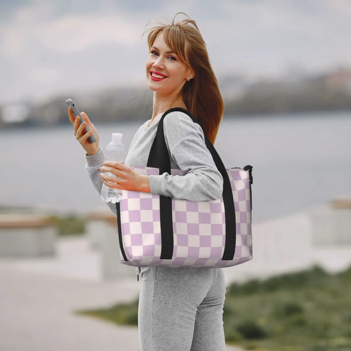 

Checkerboard Check Checked Pattern In Light Lilac Purple Pink Beach Travel Bag Tote Bags Women Shopping Duffle Shoulder Bag