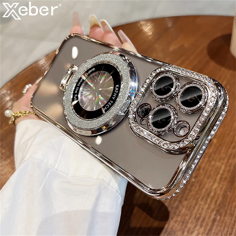 Transparent Plating Bling Glitter Rhinestone Magnetic for Magsafe Holder Case For iPhone 14 11 12 13 15 Pro Max Plus Stand Cover