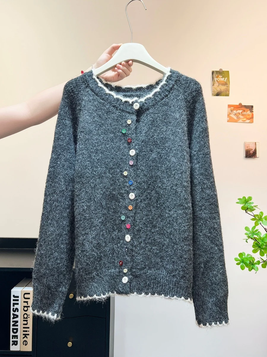 韓国カラーブロックカーディガン女性ボタンセータージャケットソフトルーズ秋トップ