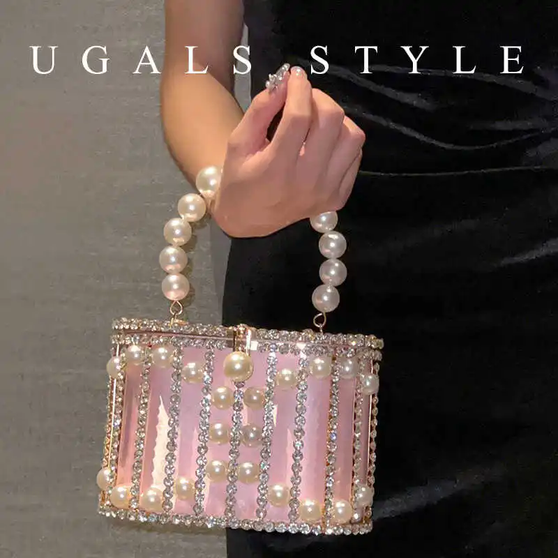UGALS Sparkling Metal Bucket Handbag Pearl Evening Diamond Flag Robe Side Crossbody Bag Hollow out Cage Vegetable Basket