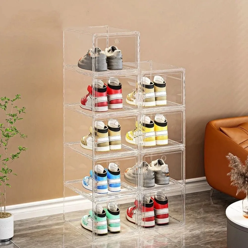 Plastic Transparent Magnetic Shoe Box Thickened Stackable Shoes Storage Box Dust-proof Sport Shoe Display Case For Home