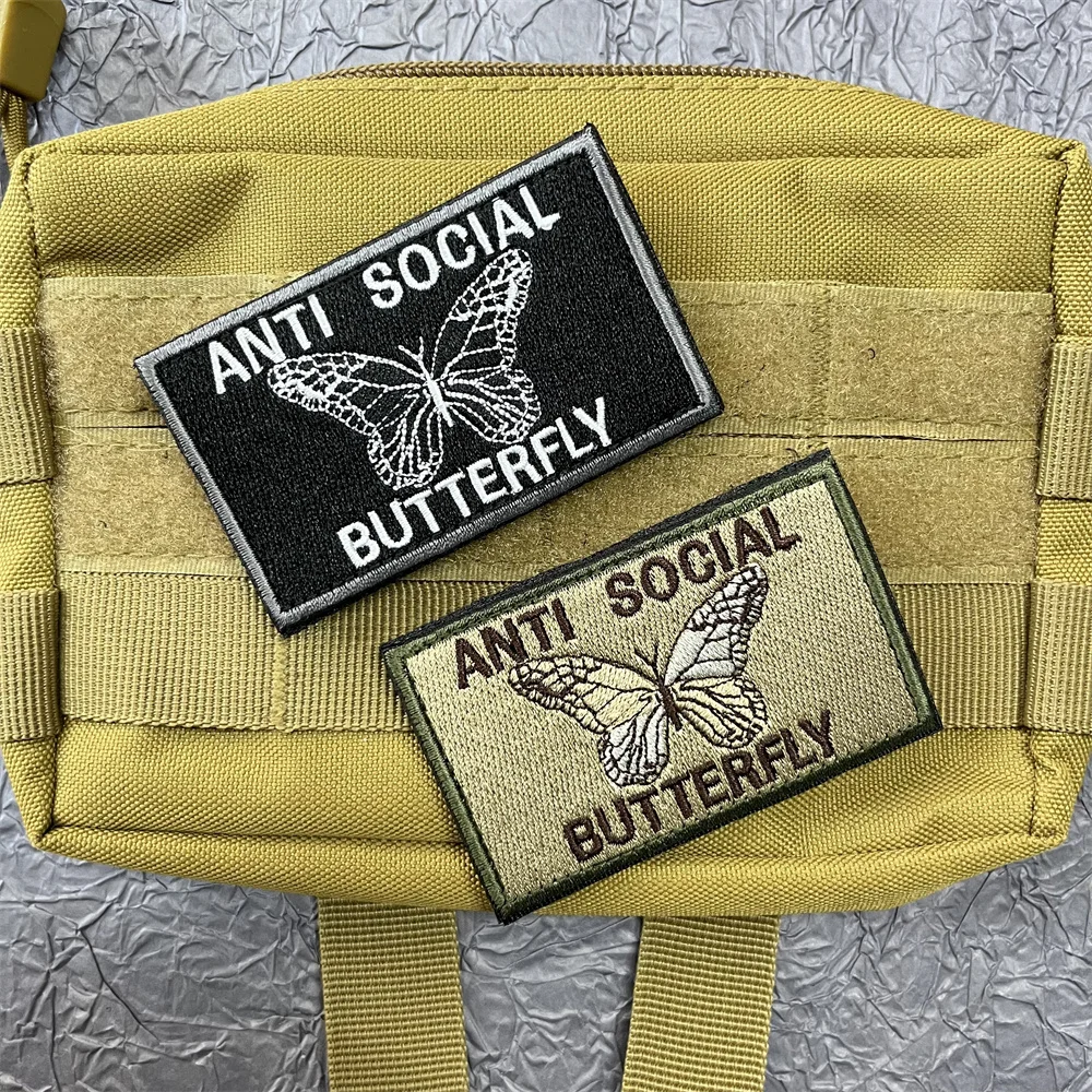 Butterfly Embroidered Patch for Clothes Hook and Loop Patch Tactical Backpack ANTI SOCIAL Applique for Clothing