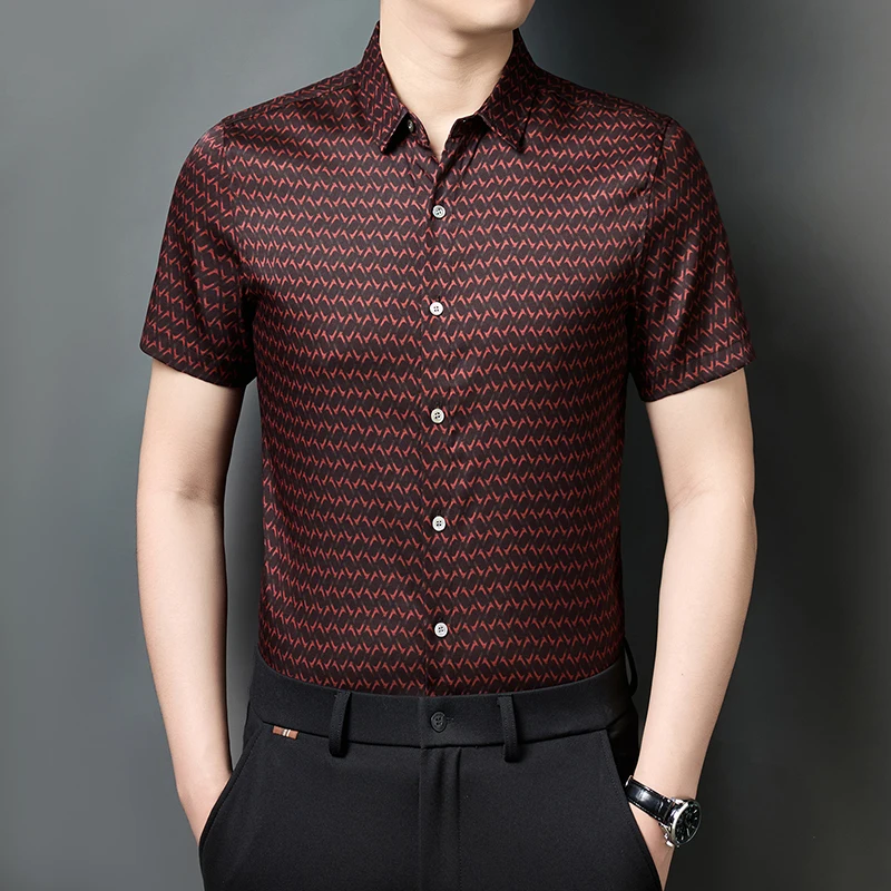 

Coolness Thin Luxury Shirts For Men Short Sleeve Print Hundsome Summer Quality Silk 90%&Elastane 10% Exquisite Camisas De Hombre