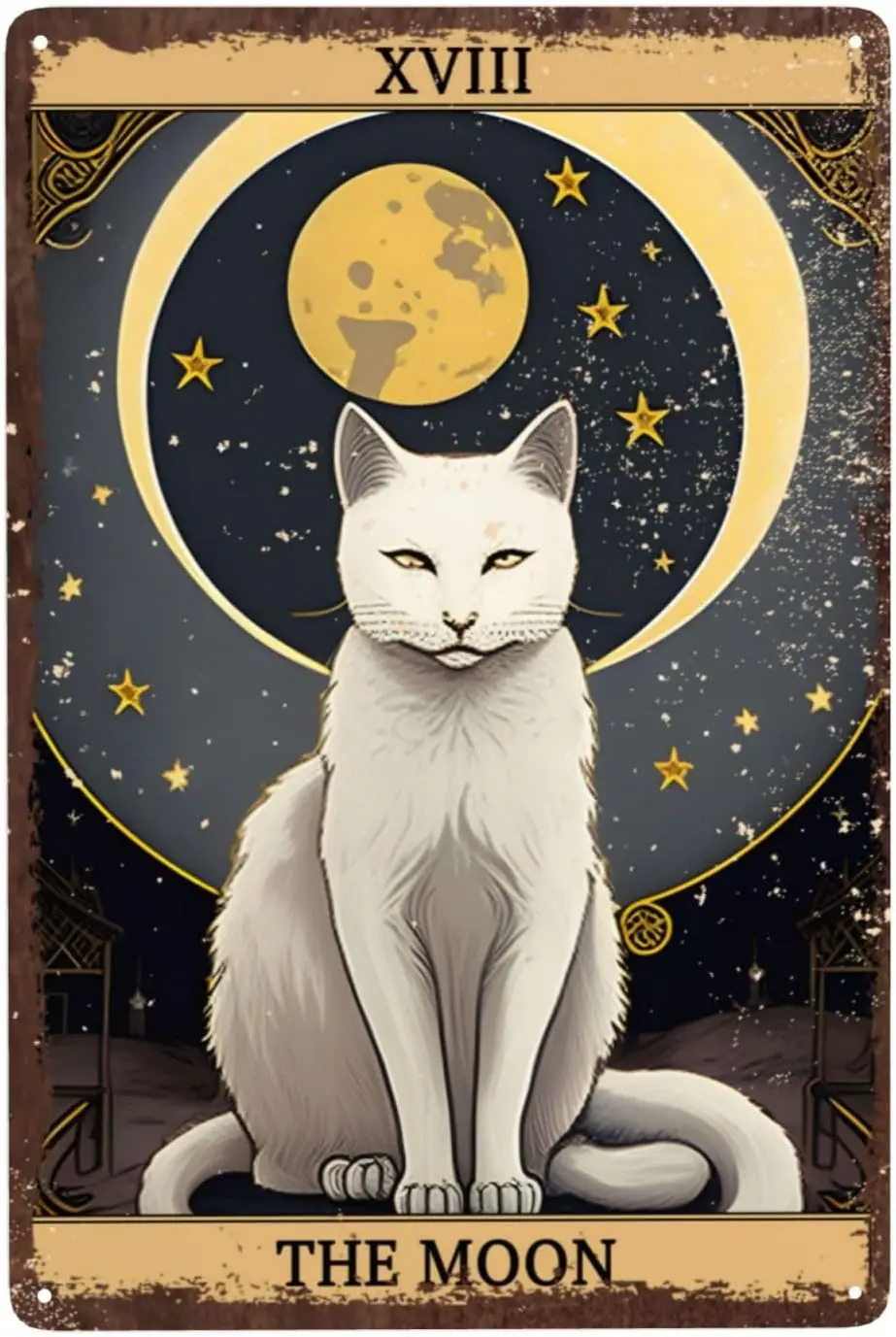 Funny Tarot Decor Tarot-XVIII Moon White Cat VIntage Tin Sign Retro Poster Cat Lovers Gift Wall Art For Kitchen Cafe Man Ca sign