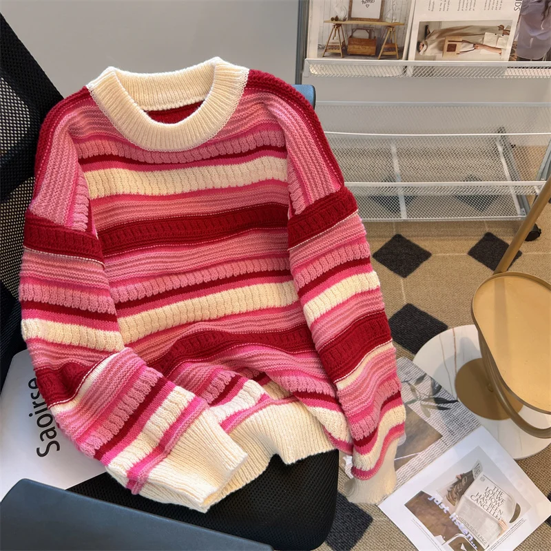 

Women Pink Striped Pullover Knit Sweater Harajuku 2000s 90s Vintage Y2k Long Sleeves O-Neck Knitted Sweaters Clothes 2025 Autumn