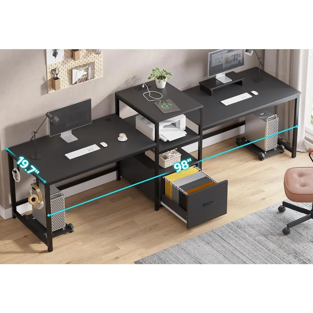 98" 2 Person Office Desk, Computer Desk with Letter/A4 File Drawer, Power Strip with USB, Long Desk for Home Office with