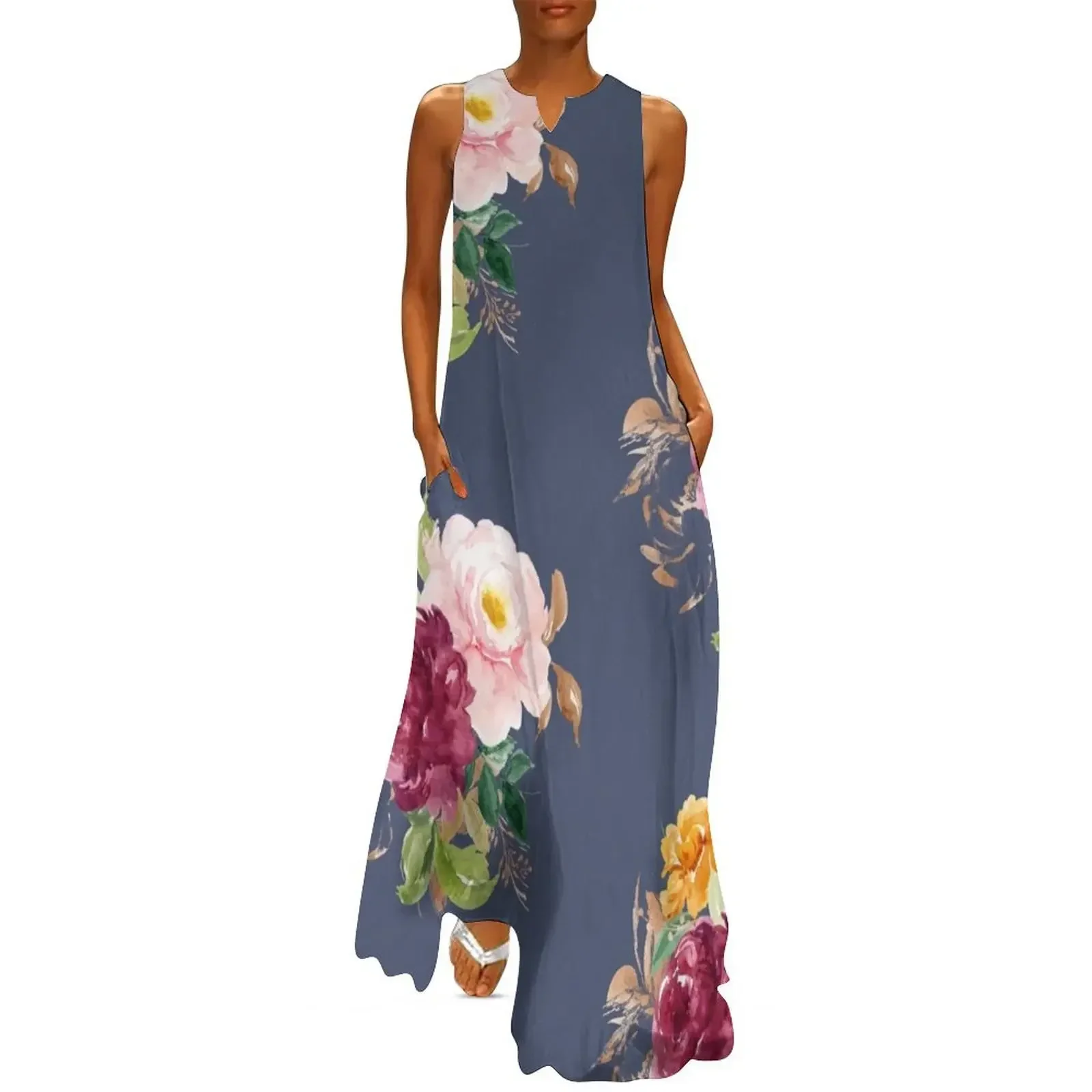 

Burgundy Orange Pink Autumn Floral Bouquet Long Dress summer dress daily clothes dress party night