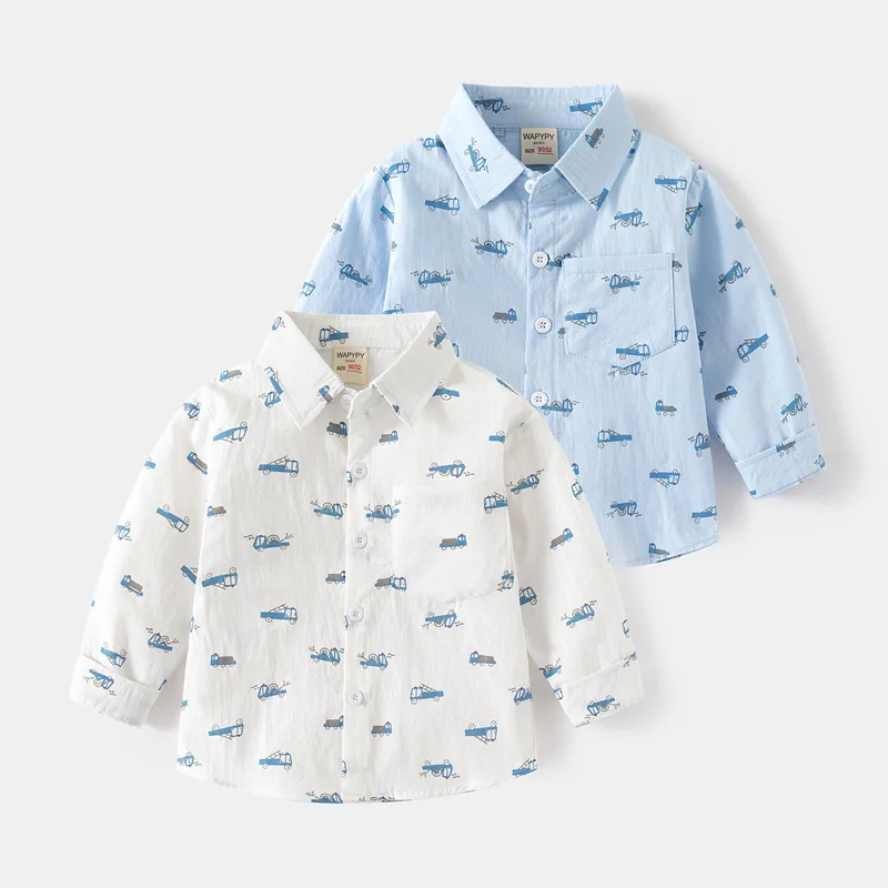 

New Baby Boys Fashion Cartoon Car Print Shirts Kids Long Sleeve Lapel Shirt Children Casual Tops Spring Autumn Clothing For 2-7Y