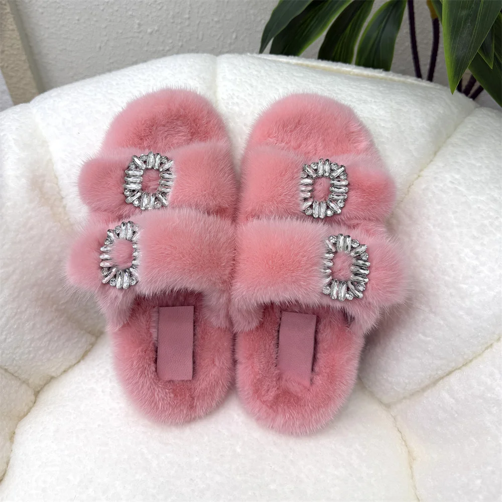 Echte Nerzfell-Damen-Slipper mit doppeltem Riemen, glänzender Strass-Schnalle, luxuriöse, flauschige Sandalen, warme Winter-Hausschuhe für drinnen und draußen, flache Schuhe – Detail 8