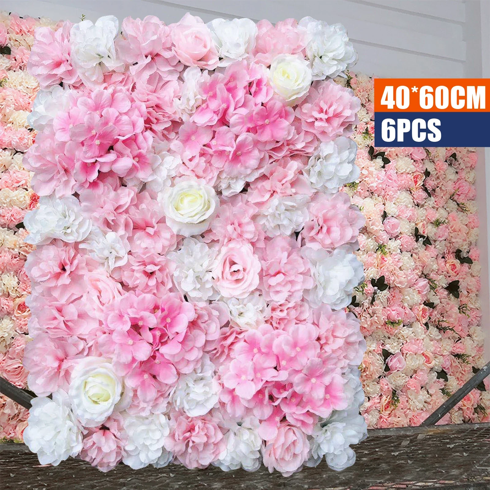 

Flower Wall Panel – Artificial Hydrangea, Rose, Dahlia Flowers, Silk Fabric, White & Pink, Sturdy Plastic Grid, Decorative