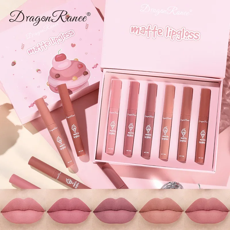 Dragon Ranee 6-pcs Matte Lip Gloss Set Velvet Moisturize Texture Waterproof Non Stick Daily Makeup Liquid Lipstick Gift Box 2g*6