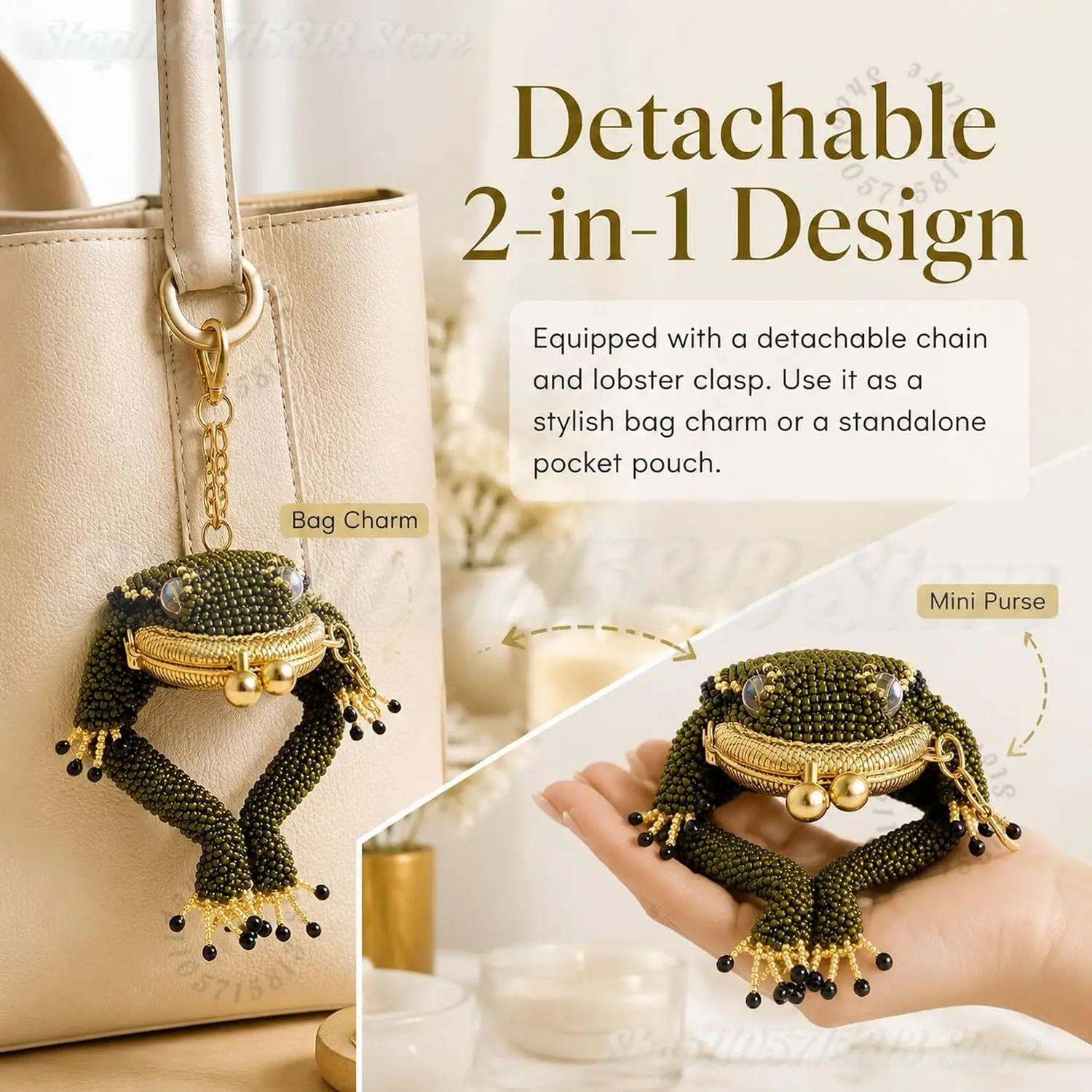 1-3Pcs Charming Frog Coin Purs, Beaded Kiss Lock Keychain Pouch with Lucky Toad Design Handmade Small Purse for Women Gift view 2