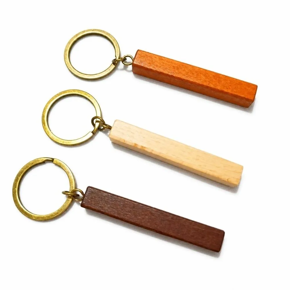 Beech Wood Keychain Blank Multi Tone Antique Metal Ring Wood Key Ring Blank Solid Timber Light Weight Rectangular Wood Tag