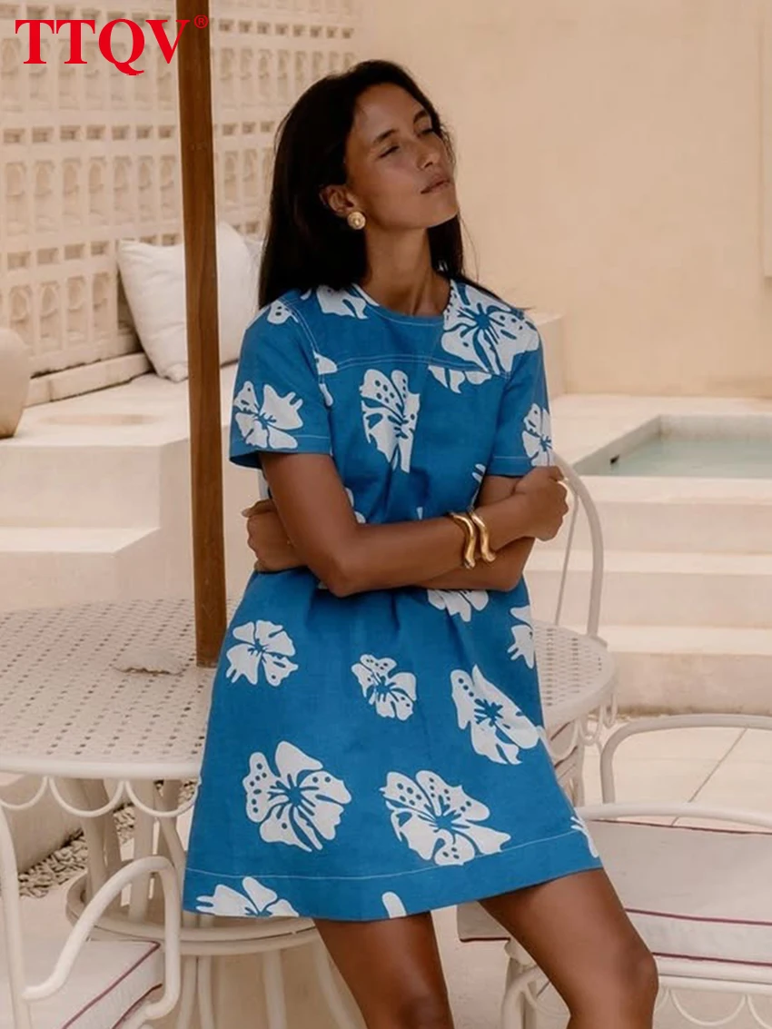 

TTQV Summer Loose Print Women's Dress 2026 Fashion O-Neck Short Sleeve Mini Dresses Elegant Classic Female Dress Streetwear