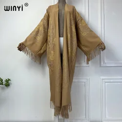 2024 WINYI autumn KIMONO Winter Women tassel Embroidery Long Coat Lapel OverCoat Thick Warm free size Middle East Female abaya