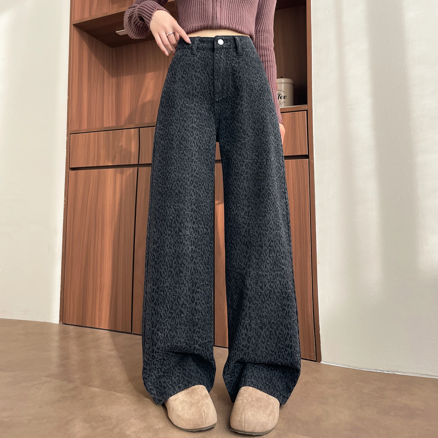 American High Street Leopard Print Curved Knife Jeans Loose Casual Men's Women's Couple Autumn Vintage Straight Leg Pants