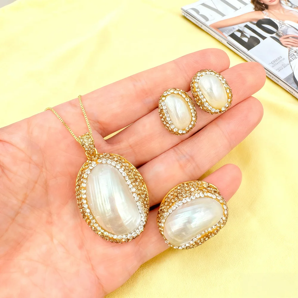 Conjunto de joyería de perlas de concha de Mabe barroca Natural para mujer, colgante de diamantes de imitación con incrustaciones, collar, anillo, pendiente, fiesta de boda