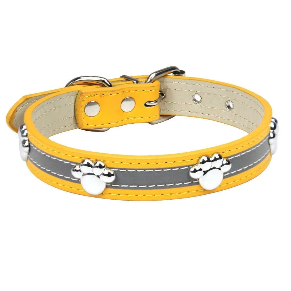 

Leather Reflective Dog Collar Adjustable Soft Dog Footprint Collar Metal Buckle Decorative Rivets Pet Collar