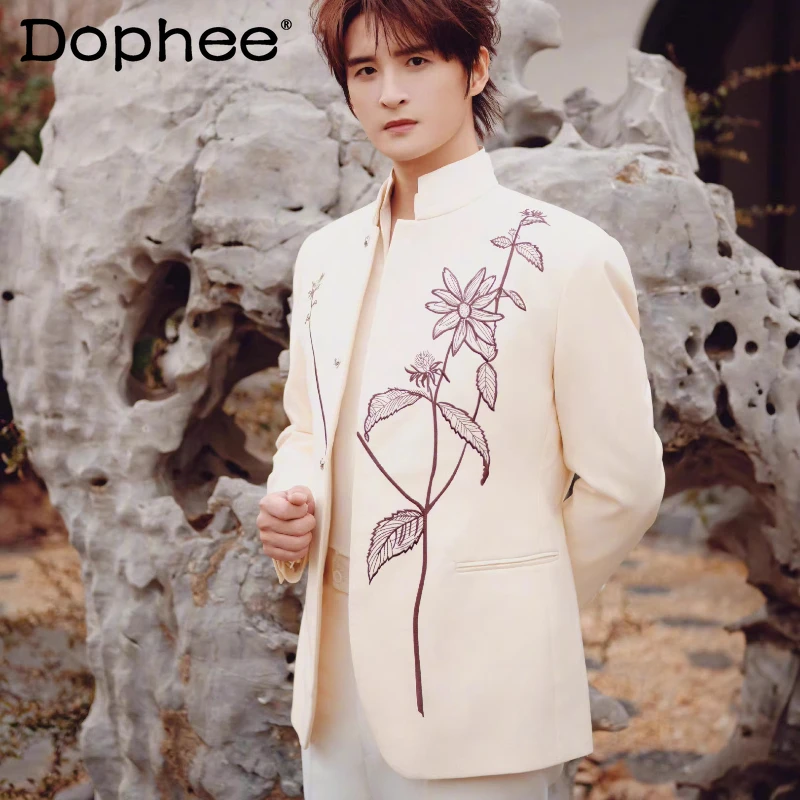 

Fashion Stand Collar Embroidery Suit Jackets Men 2026 Spring New High-end Blazers Long Sleeve Elegant Breathable Tailored Coats