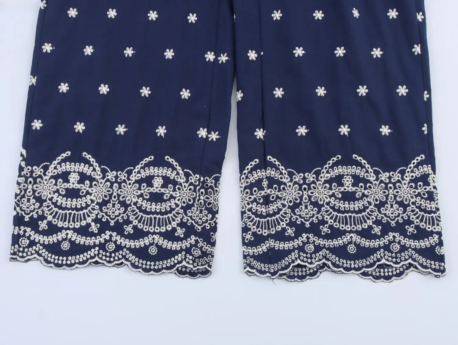 Maxdutti French Bohemian Flower Embroidery Navy Blue Casual Cropped Pants Summer Ethnic Cotton Wide-leg Pants For Women