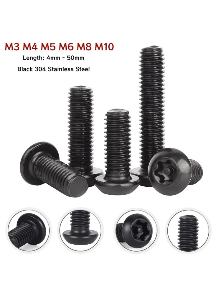Vis à tête de bouton Torx à broche noire M3 M4 M5 M6 M8 M10, en acier inoxydable avec Six lobes, vis de sécurité antivol inviolable