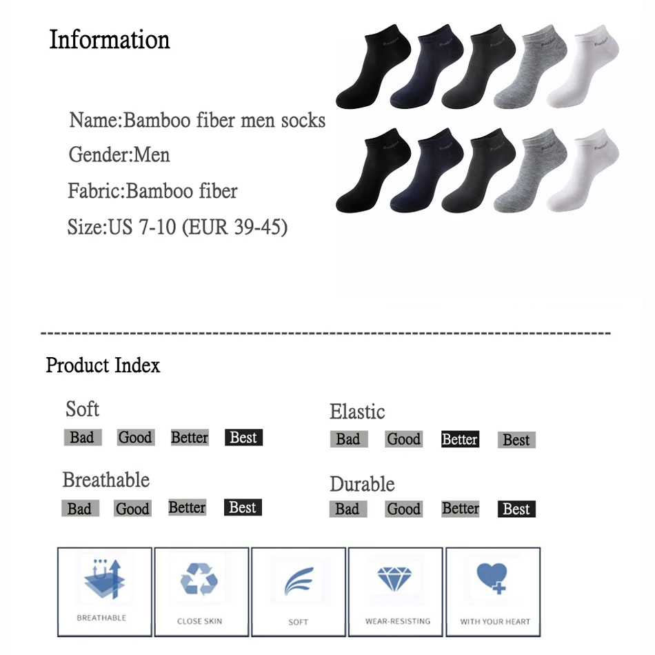 10 par/paczka męskie skarpetki z włókna bambusowego krótkie, wysokiej jakości nowe, codzienne, oddychające, antybakteryjne męskie skarpetki do kostki męskie