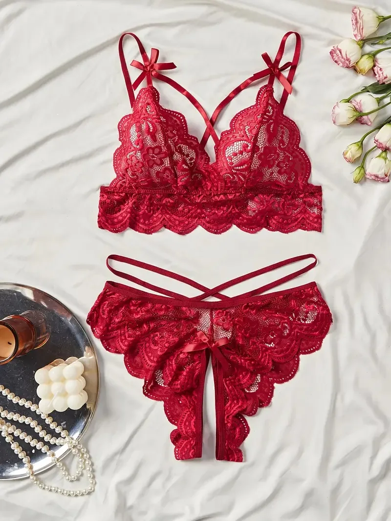 Passionate Red Lace Bra Sets Seductive Sexy Lingerie Crotchless Panties And Bra Set Irresistible Romance See-Through Underwear