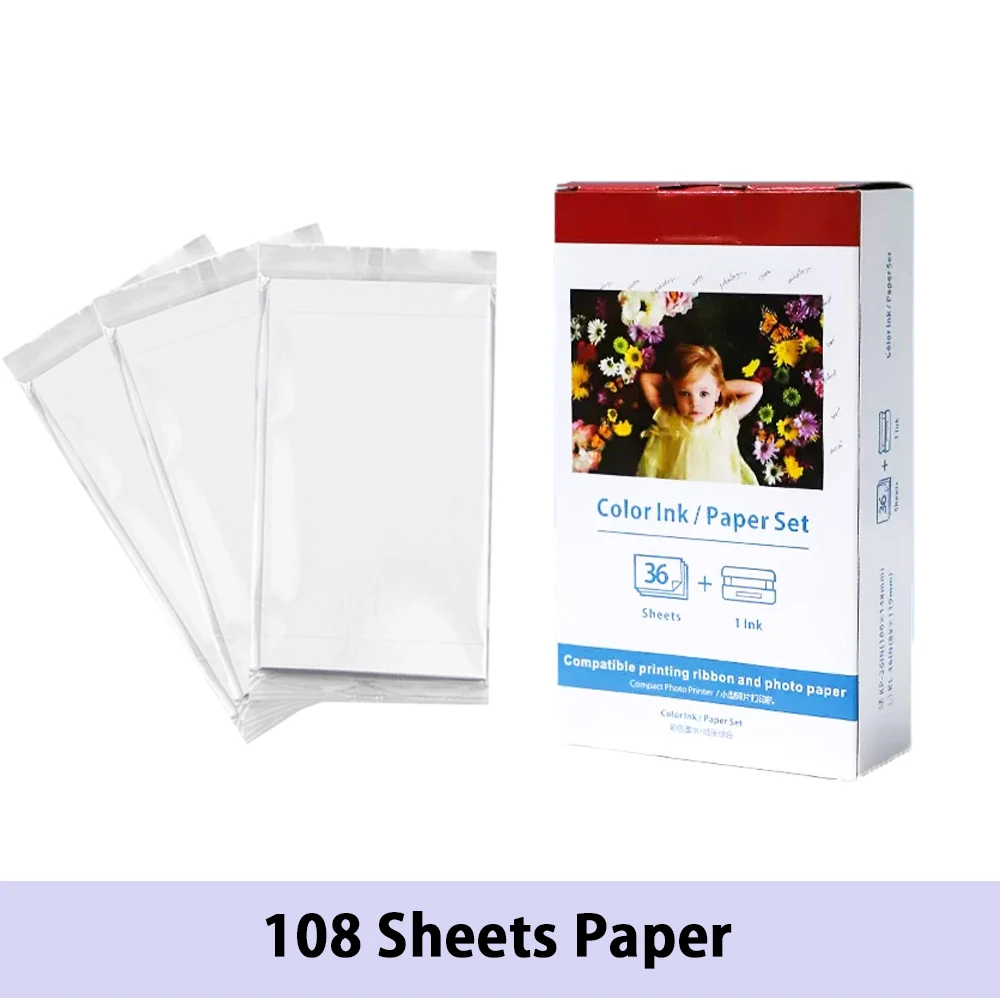 Ink Cartridge & Photo Paper Compatible for Canon Selpy CP1300 CP1500 CP1200 Photo Printer KP-108IN KP-36IN 100x148mm (4x6inches)