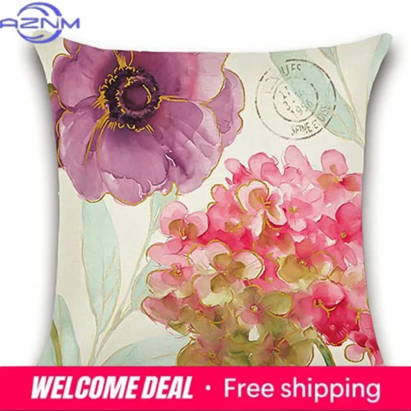 Home Decor Colorful Floral Watercolor Pattern Throw Pillows Pattern Cushion Cover Suitable for Sofa Bedroom Car Pillow Cover