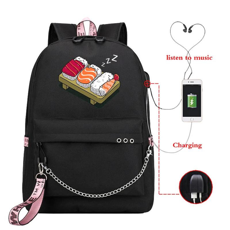 Student Backpacks Sushi Printed Girls School Backpack for Teenage Girl USB School Bag Canvas Middle Junior High College Bagpack