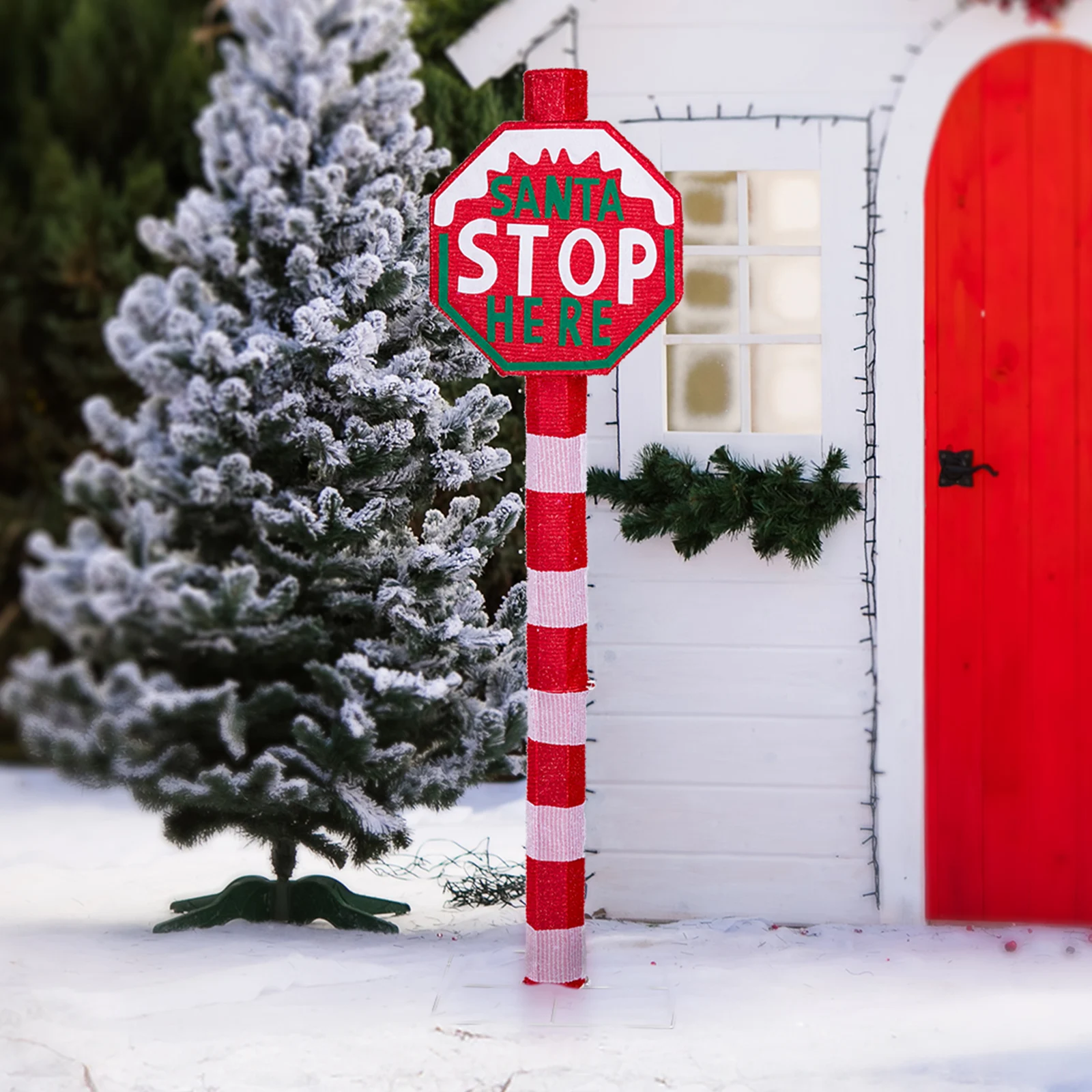 Lighted STOP Sign Christmas Yard Decorations, Pre-lit Road Sign SANTA STOP HERE with 70 LED White Lights and Stakes