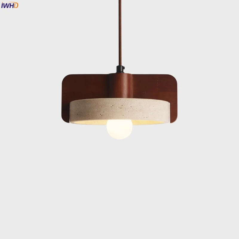 

IWHD Mid Century Modern LED Pendant Light Fixture Wood Yellow Travertine Bedroom Dining Living Room Decor Hanging Lamp Lamparas