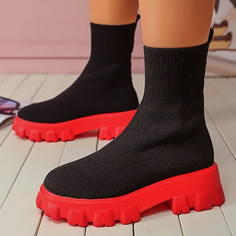 Socks Boots Winter Autumn Shoes Woman Stretch Fabric Mid-Calf Platform Boots Net Red Knitted Short Boots Women Plus Size Booties