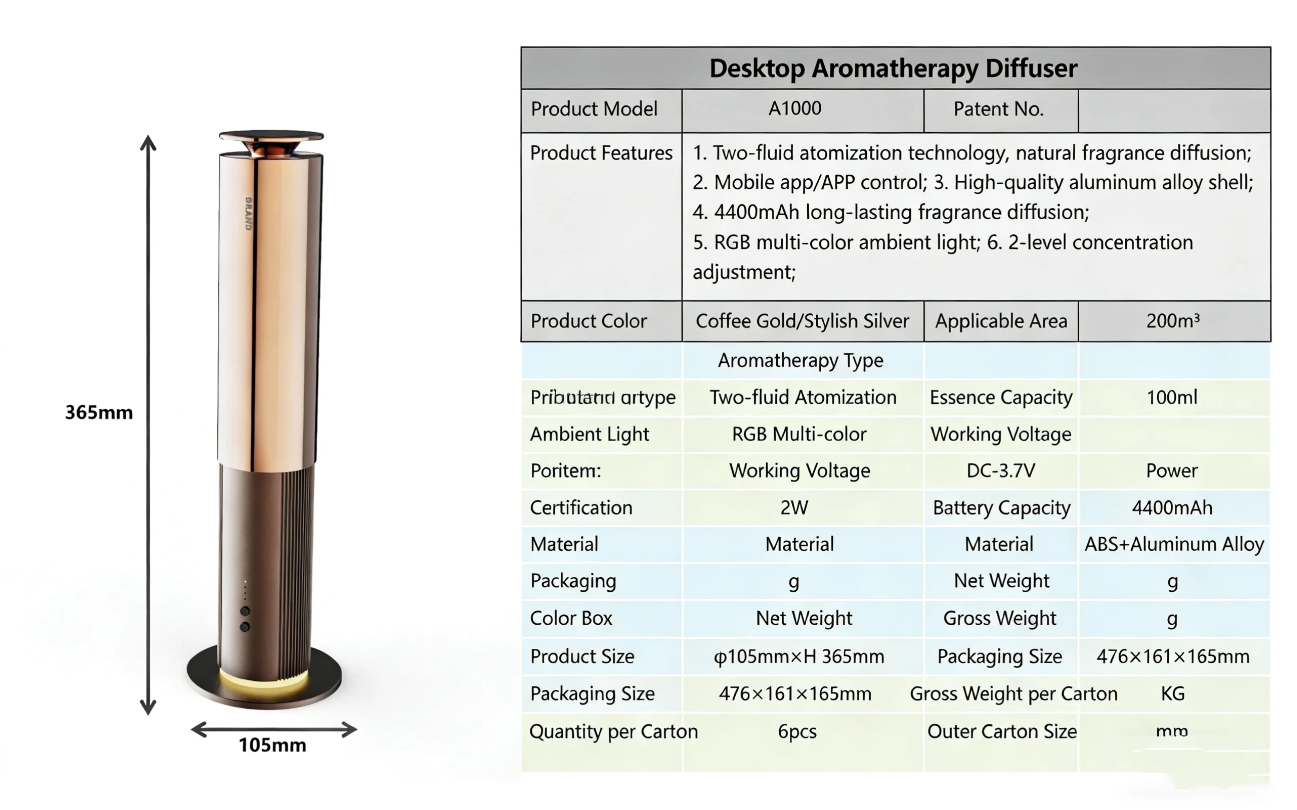 Desktop Luxury Aluminum Aromatherapy Essential Oil Diffuser Rechargeable Smart App Control Scents Up To 200m³ For Home Office Sp