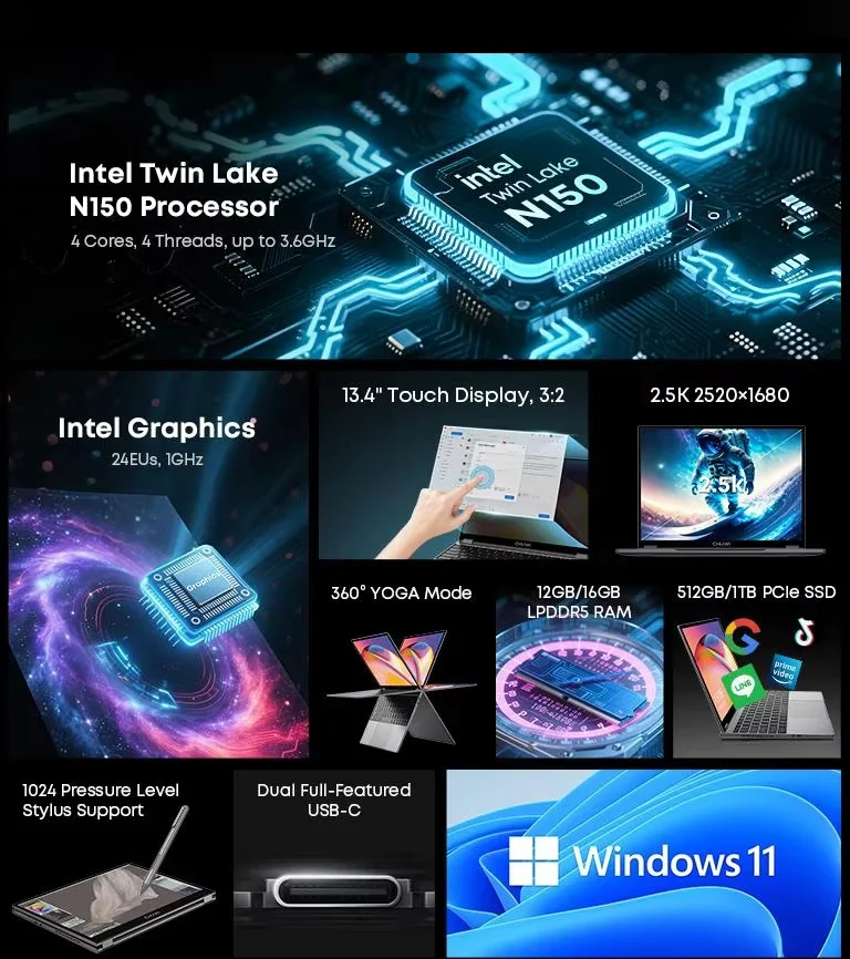 CHUWI FreeBook Tablet Laptop2-in-1 Intel N150 13,5 '' FHD touchscreen 16 GB LPDDR5 RAM 512 GB SSD WIFI6 BT5.2 Windows 11 notebook