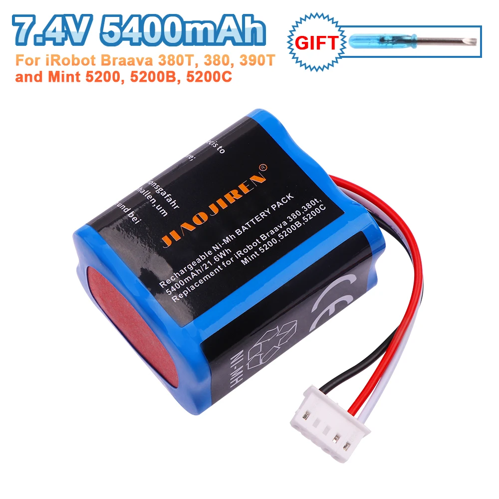 7.2V 5400mAh NI-MH Battery for iRobot Braava 380T 380 390T Mint 5200 5200B 5200C Vacuum Cleaner upgraded high capacity for 380T