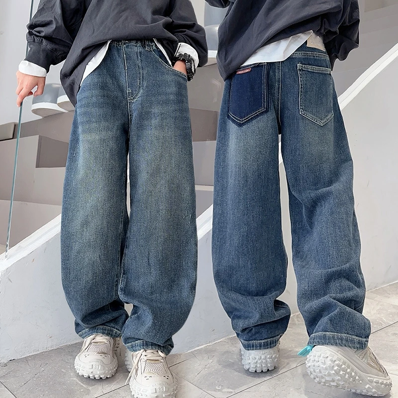 Frühling Herbst Kinder Retro Blaue Baggy Carpenter Jeans für Teenager Jungen Denim Hosen Schulkind Einfarbige Weite Jeans Hosen