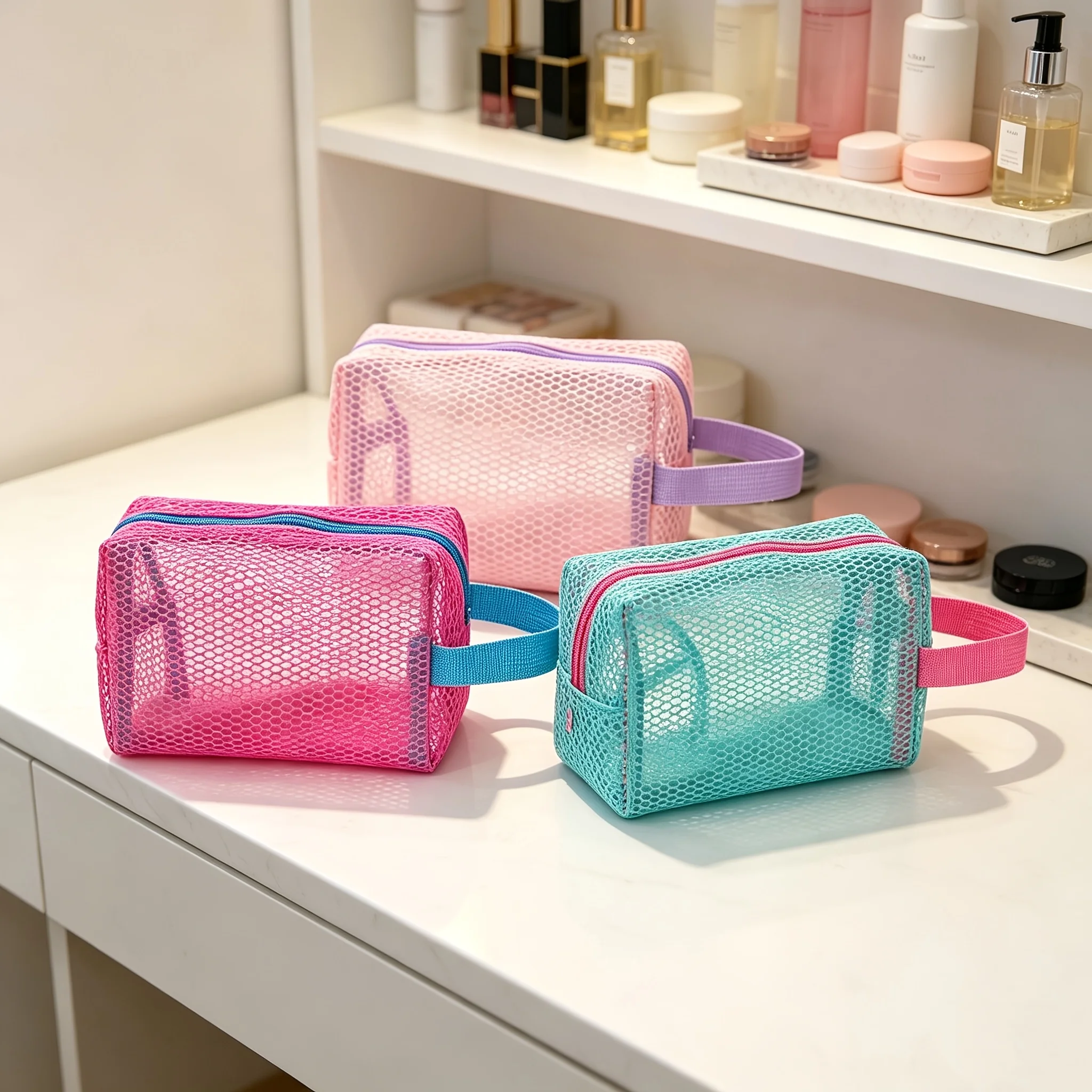 Dopamine Damen-Handtasche in Macaron-Farben, achteckige Netztasche mit Griff, Make-up-Tasche, tragbare Aufbewahrungstasche mit großem Fassungsvermögen für Outdoor-Reisen und Fitness, transparente