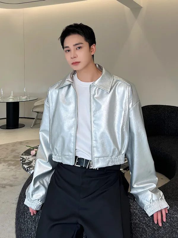 

Серебристая металлическая куртка из искусственной кожи с отложным воротником, осенне-зимняя, модная, молодежная, в стиле High Street, трендовая