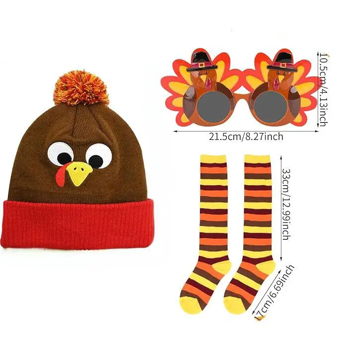 3 stks Thanksgiving Turkije Kostuum Set Turkije Trot Kostuums Accessoires Met Sokken Hoeden Bril Meisje Vrouwen Mannen Halloween Cosplay