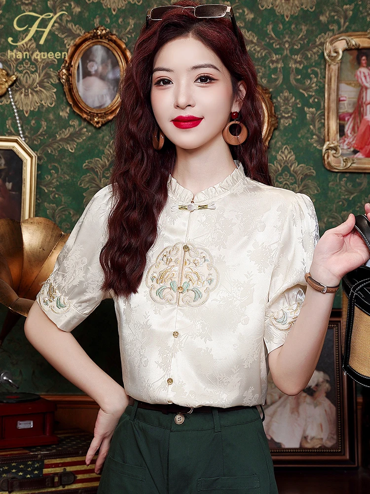 H Han Queen 2024 Summer Embroidery Japanese Vintage Clothes Elegant Chiffon Blouses Loose Casual Short Sleeve Shirts Women Tops