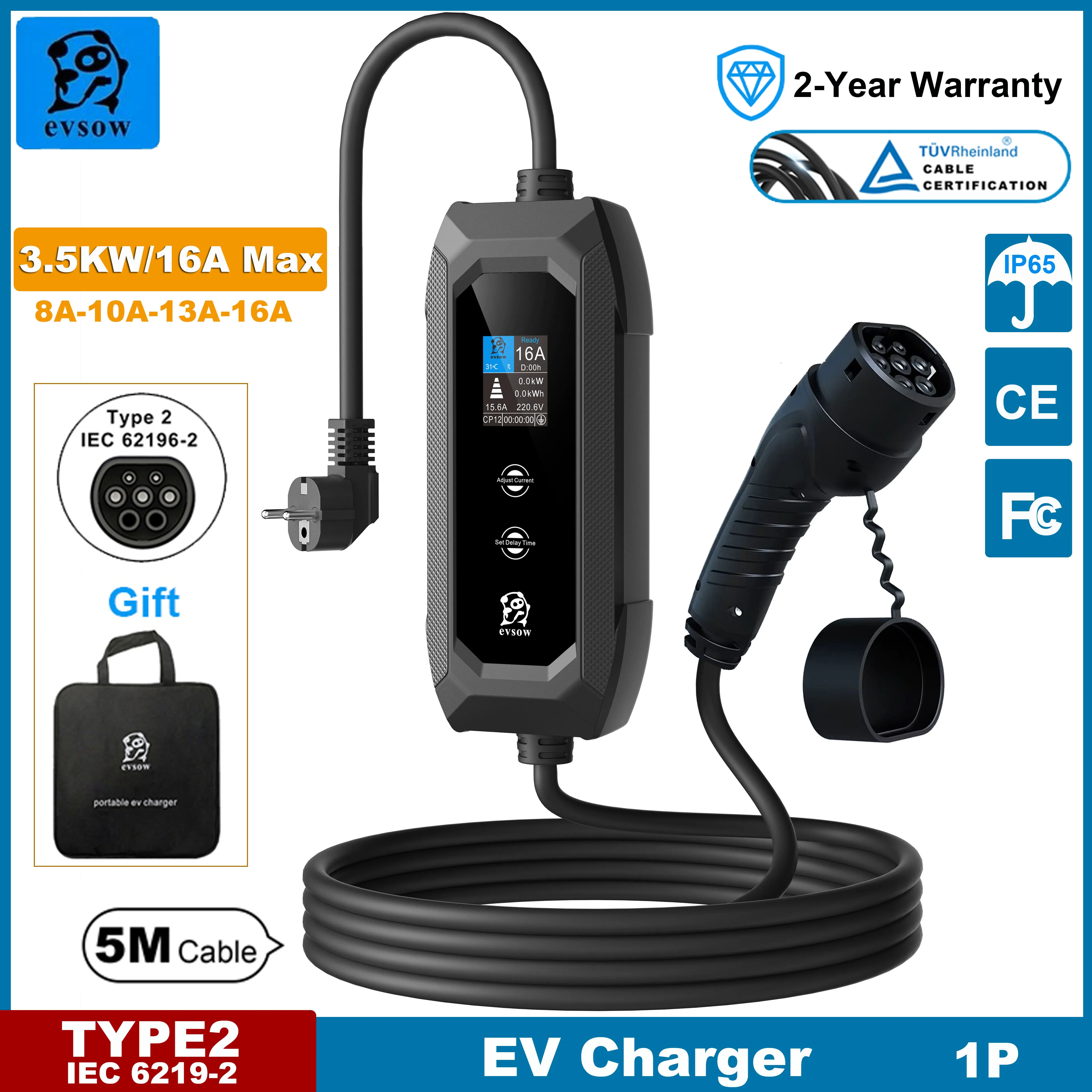 Evsow Type2 EV Charger 3.5KW 16A 1P แบบพกพาไฟฟ้า Charger ปรับ Current & ชุดเวลาชาร์จสําหรับ IEC 6219-2 ไฟฟ้ารถ