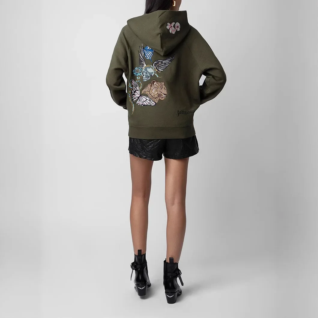 Inverno novo nicho francês carta impressão flor crânio asas bordado lã feminina camisola com capuz