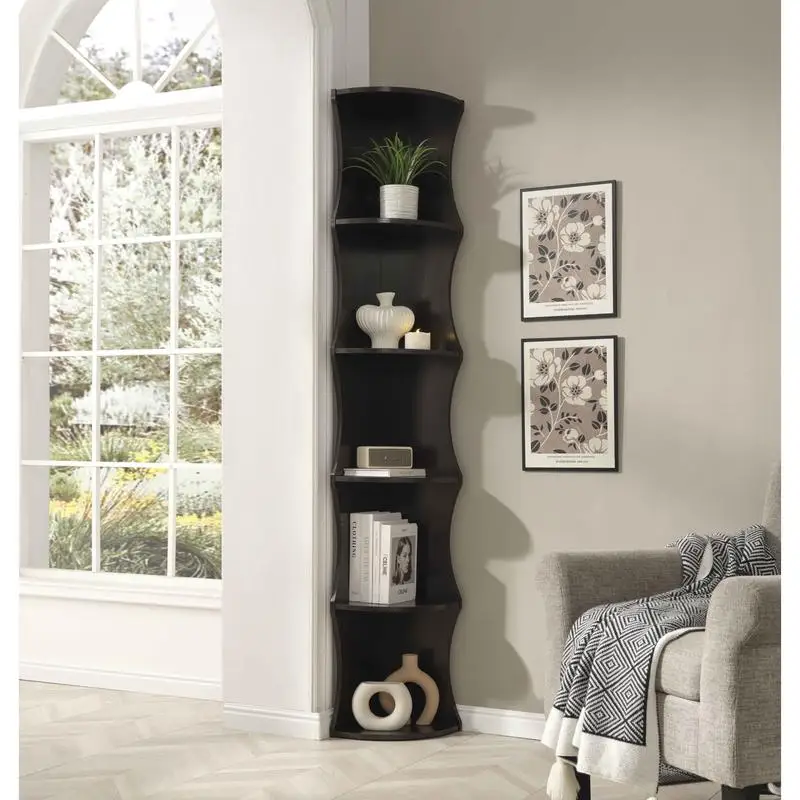 

Five-Shelf Corner Bookcase with Rounded Shelf Fronts, Quarter Circle Design, Red Cocoa Finish