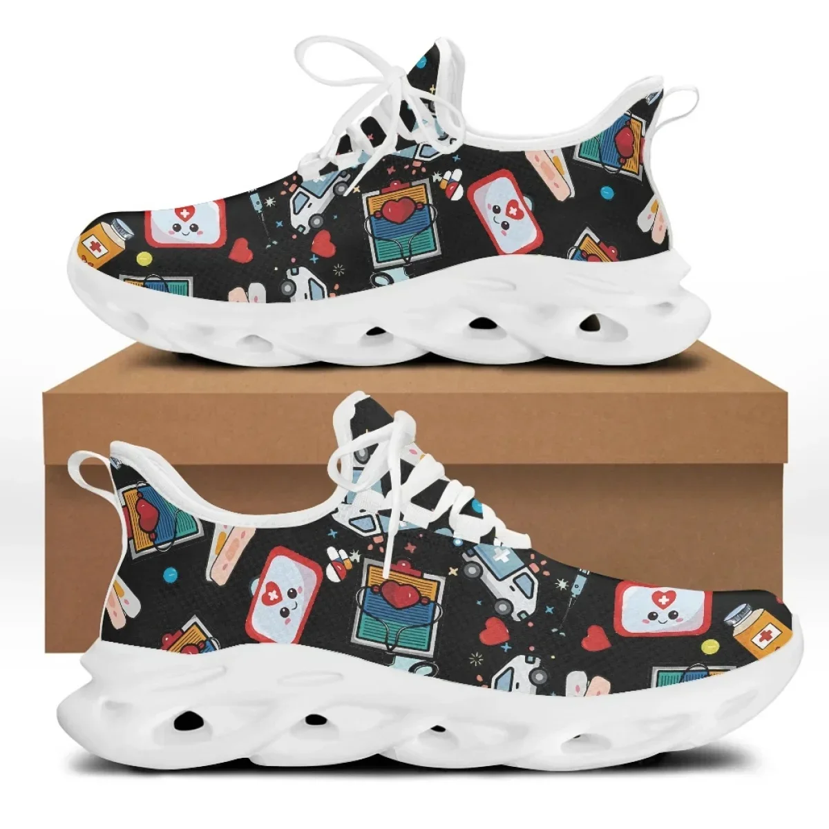Cute Cartoon Nurse Girl Medical Design Women Lace Up Sneaker Free Mesh Flat Shoes For Ladies Zapatillas Hot