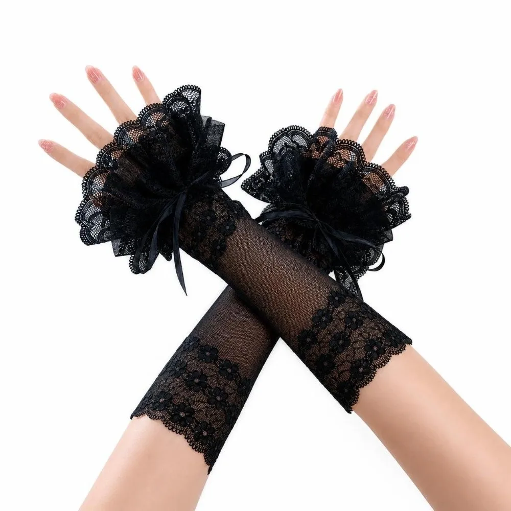 Ruffled Lace Women's Fingerless Gloves Ribbon Tie Elastic Band Lace Arm Sleeves Floral Pattern Lolita Style Wrist Cuffs