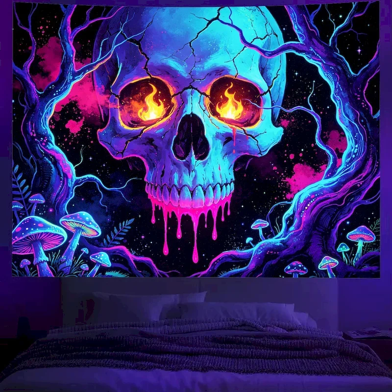 VIKAMA Blacklight Skull Dark Forest Tree Tapestry UV Reactive Neon Wall Hanging Trippy Spooky Room Decor