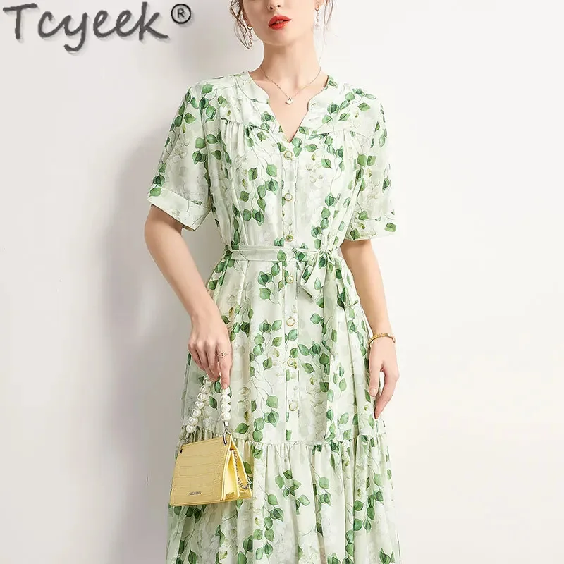 Tcyeek-vestido holgado de seda de morera auténtica para mujer, ropa elegante larga con estampado verde, para verano, 100%, 2024