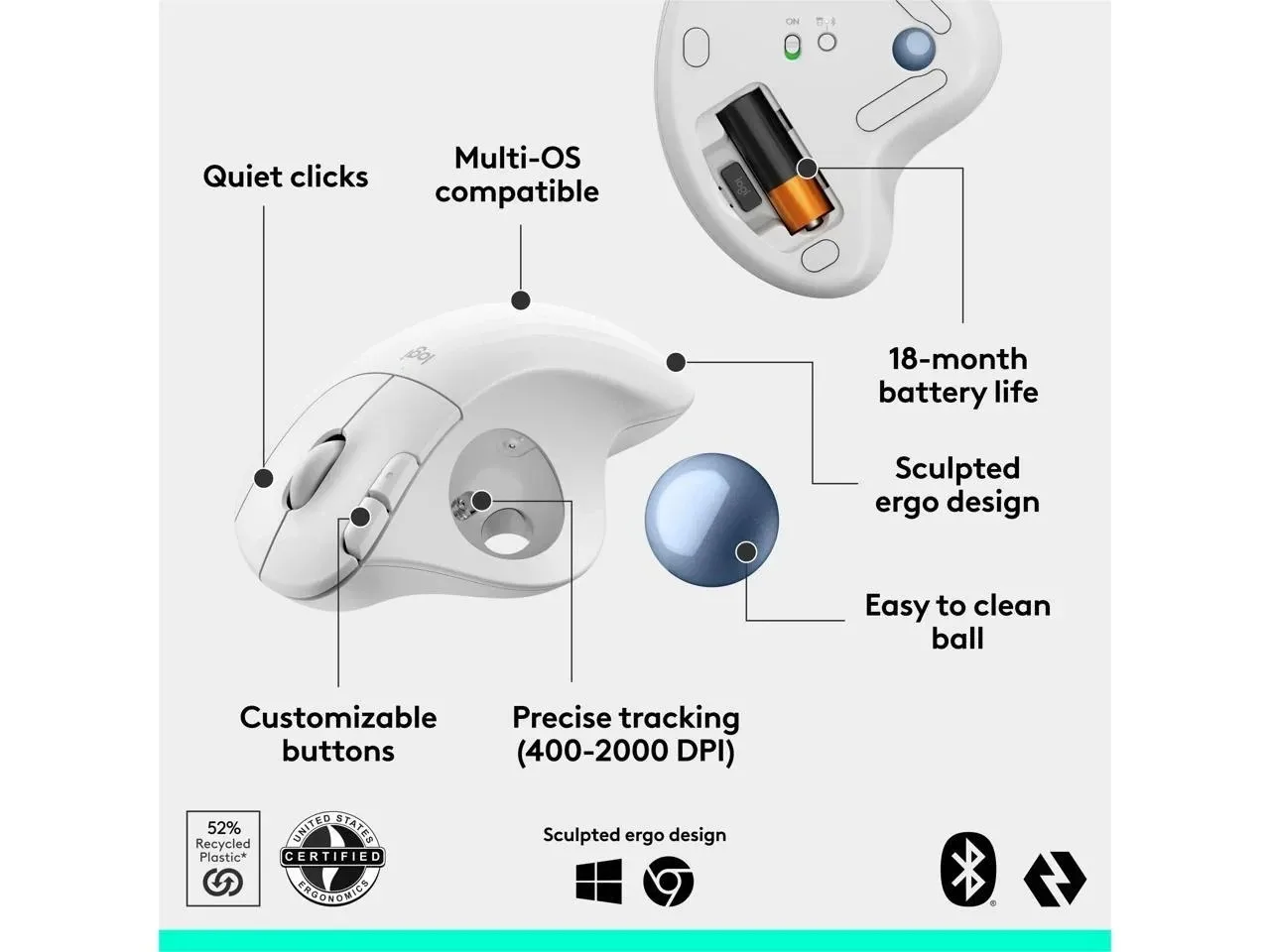 Logitech ERGO M575S ergonomic mouse, trackball mouse, wireless Bluetooth dual-mode professional CAD precise drawing office mouse