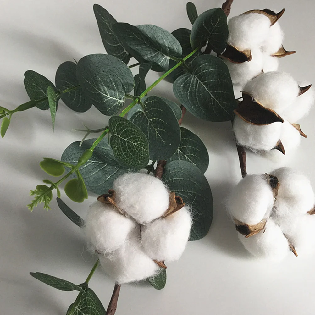 

1Pcs Artificial Eucalyptus Leaf Cotton Stem Dried Cotton Flower 5 Balls Floral Branch Wedding Party Decor Wedding Party Decor